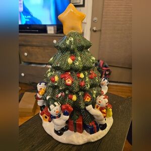 Painted Ceramic Christmas Tree 14" T Cookie Jar  Snowman Birds Fruits Gifts Star